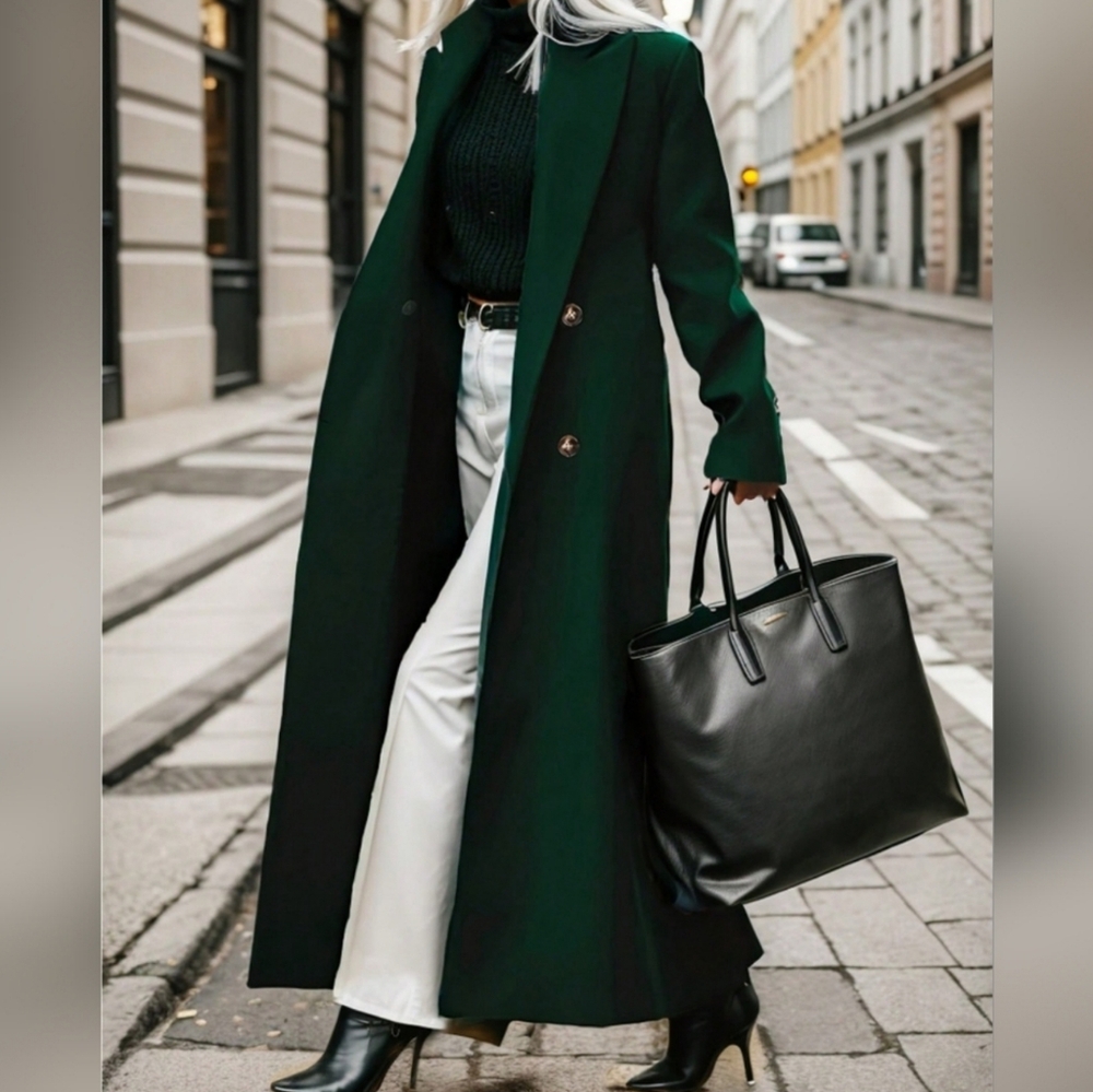 Plain Double-Breasted Women Simple Long Sleeve Long Coat - Picture 1 of 5